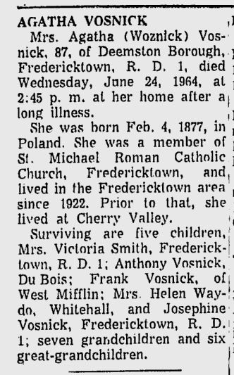 Agatha Vosnick obit